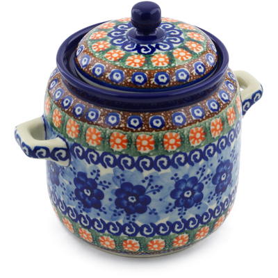 Polish Pottery Jar with Lid and Handles 6-inch Dancing Blue Poppies UNIKAT
