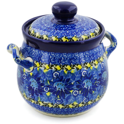Polish Pottery Jar with Lid and Handles 6&quot; Deep Blue UNIKAT