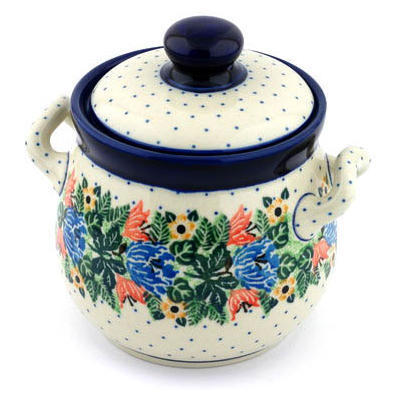 Polish Pottery Jar with Lid and Handles 6&quot; Dotted Floral Wreath UNIKAT