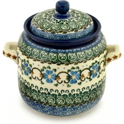 Polish Pottery Jar with Lid and Handles 6-inch Emerald Shores UNIKAT