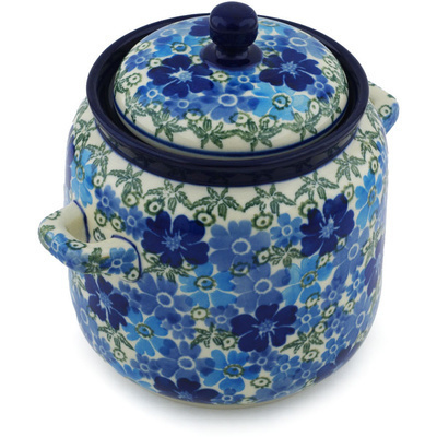 Polish Pottery Jar with Lid and Handles 6-inch Fields Of Blue UNIKAT