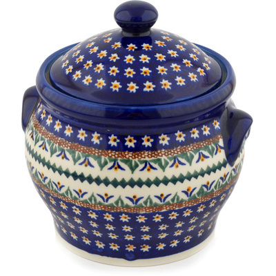 Polish Pottery Jar with Lid and Handles 6&quot; Floral Peacock UNIKAT