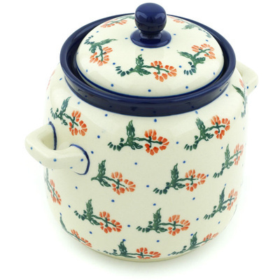 Polish Pottery Jar with Lid and Handles 6-inch Flower Surprise