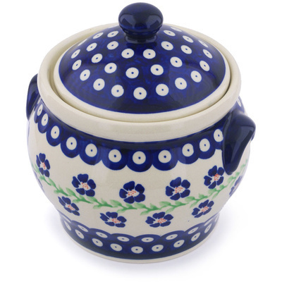 Polish Pottery Jar with Lid and Handles 6&quot; Flowery Peacock
