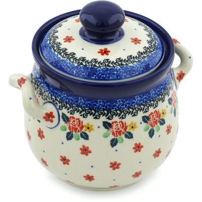 Polish Pottery Jar with Lid and Handles 6&quot; Garden Party
