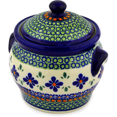 Polish Pottery Jar with Lid and Handles 6&quot; Gingham Flowers
