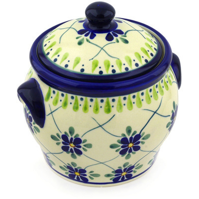 Polish Pottery Jar with Lid and Handles 6&quot; Gingham Trellis