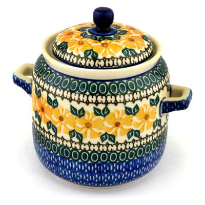 Polish Pottery Jar with Lid and Handles 6-inch Golden Medley