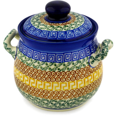 Polish Pottery Jar with Lid and Handles 6&quot; Grecian Sea