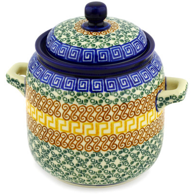 Polish Pottery Jar with Lid and Handles 6-inch Grecian Sea