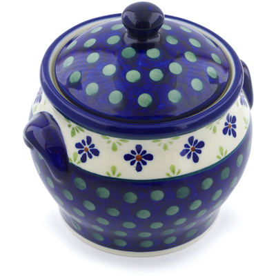 Polish Pottery Jar with Lid and Handles 6&quot; Green Gingham Peacock