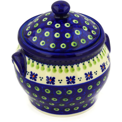 Polish Pottery Jar with Lid and Handles 6&quot; Green Gingham Peacock