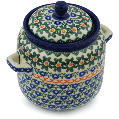 Polish Pottery Jar with Lid and Handles 6-inch