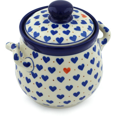 Polish Pottery Jar with Lid and Handles 6&quot; Heart Of Hearts