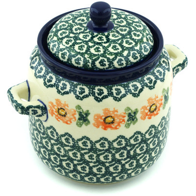 Polish Pottery Jar with Lid and Handles 6-inch Meadow Breeze