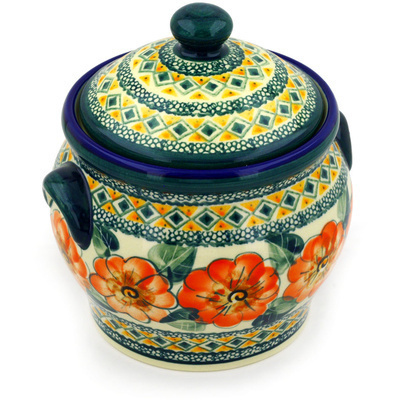 Polish Pottery Jar with Lid and Handles 6&quot; Peach Poppies UNIKAT