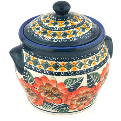 Polish Pottery Jar with Lid and Handles 6&quot; Peach Poppies UNIKAT