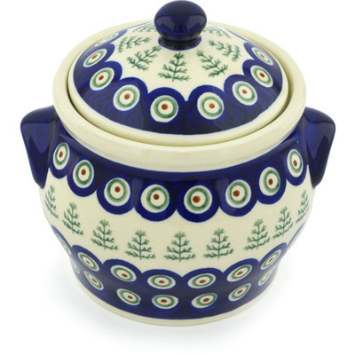 Polish Pottery Jar with Lid and Handles 6&quot; Peacock Christmas