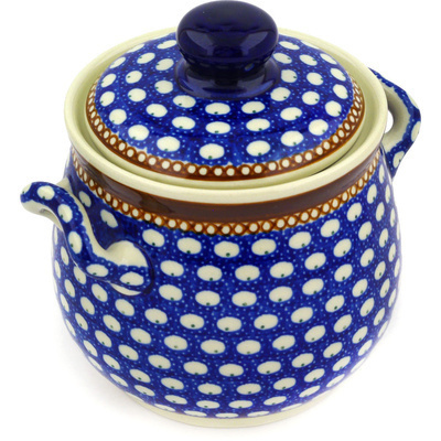 Polish Pottery Jar with Lid and Handles 6&quot; Peacock Rain