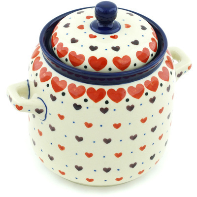 Polish Pottery Jar with Lid and Handles 6-inch Red Hearts Delight