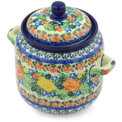Polish Pottery Jar with Lid and Handles 6-inch Rose Splendor UNIKAT
