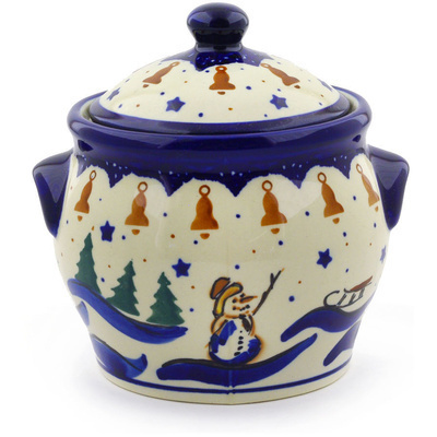 Polish Pottery Jar with Lid and Handles 6&quot; Snowman Bells