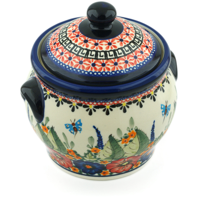 Polish Pottery Jar with Lid and Handles 6&quot; Spring Splendor UNIKAT