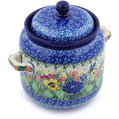 Polish Pottery Jar with Lid and Handles 6-inch Springtime Bumble Bee UNIKAT