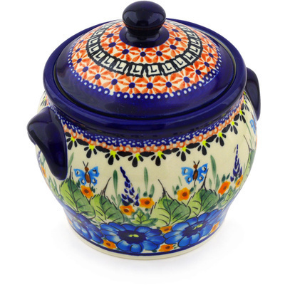 Polish Pottery Jar with Lid and Handles 6&quot; Summer Splendor UNIKAT