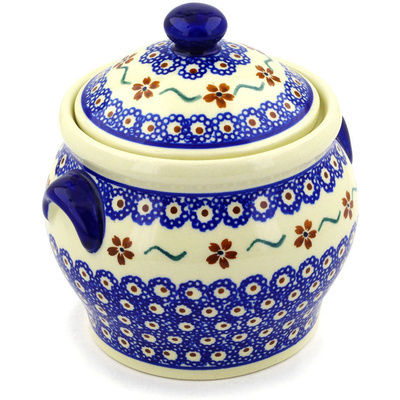 Polish Pottery Jar with Lid and Handles 6&quot; Sweet Red Flower