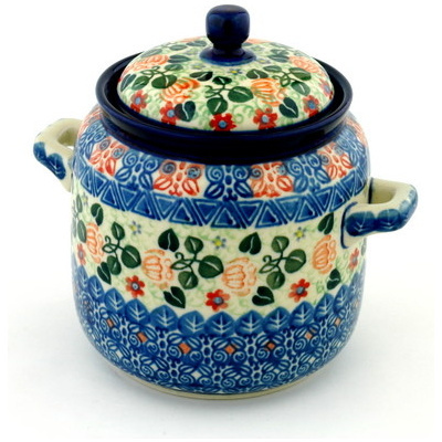 Polish Pottery Jar with Lid and Handles 6-inch Vine Roses UNIKAT