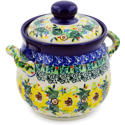 Polish Pottery Jar with Lid and Handles 6&quot; Yellow Garden UNIKAT