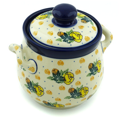 Polish Pottery Jar with Lid and Handles 6&quot; Yellow Rose Of Texas