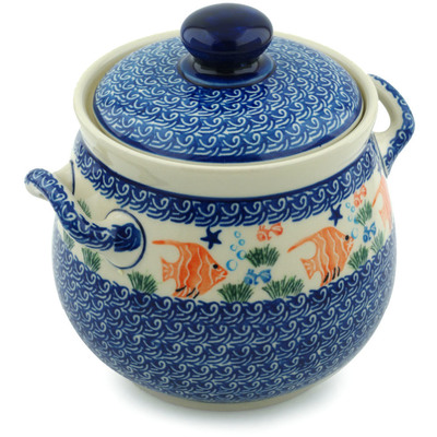 Polish Pottery Jar with Lid and Handles 7&quot; Angel Fish