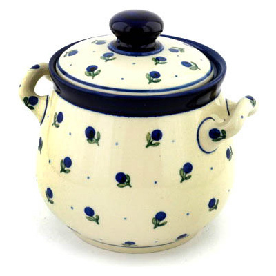 Polish Pottery Jar with Lid and Handles 7&quot; Blue Buds