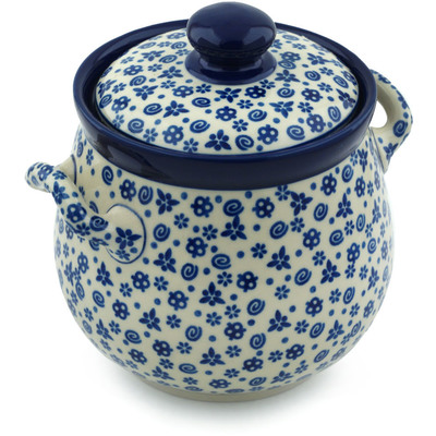 Polish Pottery Jar with Lid and Handles 7&quot; Blue Confetti