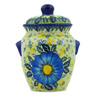 Polish Pottery Jar with Lid and Handles 7&quot; Blue Happy Fields