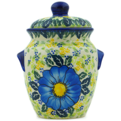 Polish Pottery Jar with Lid and Handles 7&quot; Blue Happy Fields