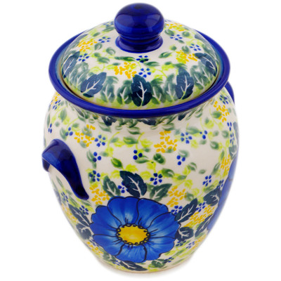 Polish Pottery Jar with Lid and Handles 7&quot; Blue Happy Fields UNIKAT