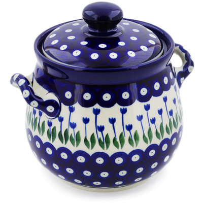 Polish Pottery Jar with Lid and Handles 7&quot; Blue Tulip Peacock