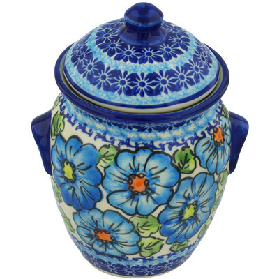 Polish Pottery Jar with Lid and Handles 7&quot; Bold Blue Poppies UNIKAT