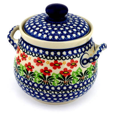 Polish Pottery Jar with Lid and Handles 7&quot; Buenos Dias