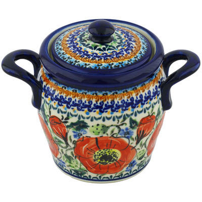 Polish Pottery Jar with Lid and Handles 7&quot; Bursts Of Red UNIKAT