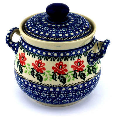 Polish Pottery Jar with Lid and Handles 7&quot; Christmas Rose