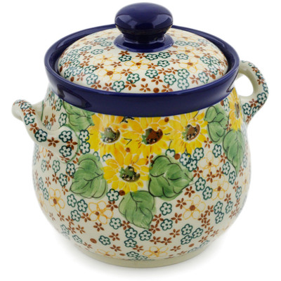Polish Pottery Jar with Lid and Handles 7&quot; Country Sunflower UNIKAT
