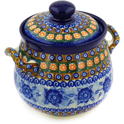 Polish Pottery Jar with Lid and Handles 7&quot; Dancing Blue Poppies UNIKAT