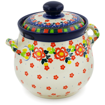 Polish Pottery Jar with Lid and Handles 7&quot; Floral Puzzles UNIKAT