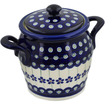 Polish Pottery Jar with Lid and Handles 7&quot; Flowering Peacock