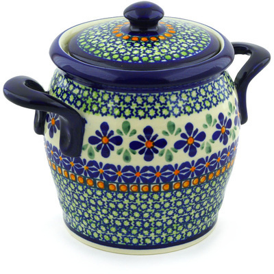 Polish Pottery Jar with Lid and Handles 7&quot; Gingham Flowers
