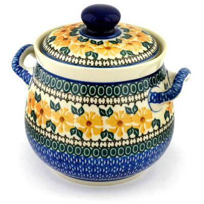 Polish Pottery Jar with Lid and Handles 7&quot; Golden Medley